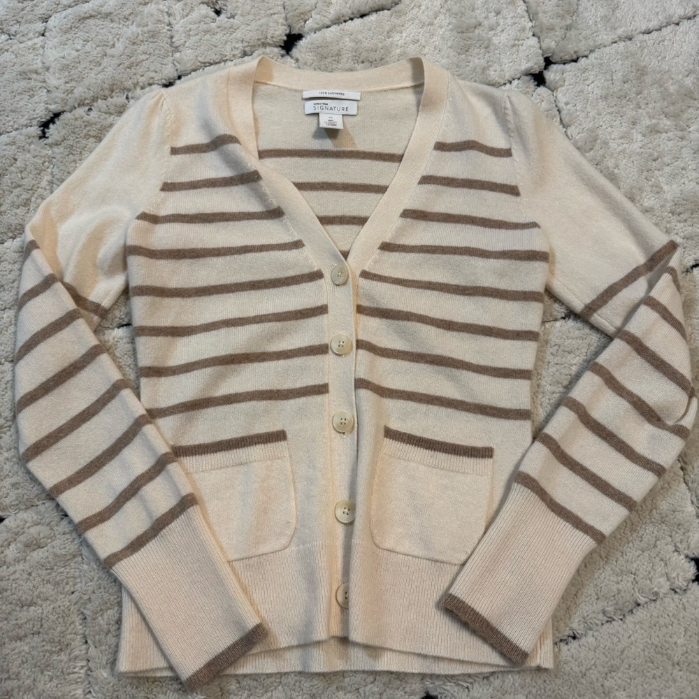 Nordstrom 100% Cashmere Striped Cream and Brown Cardigan